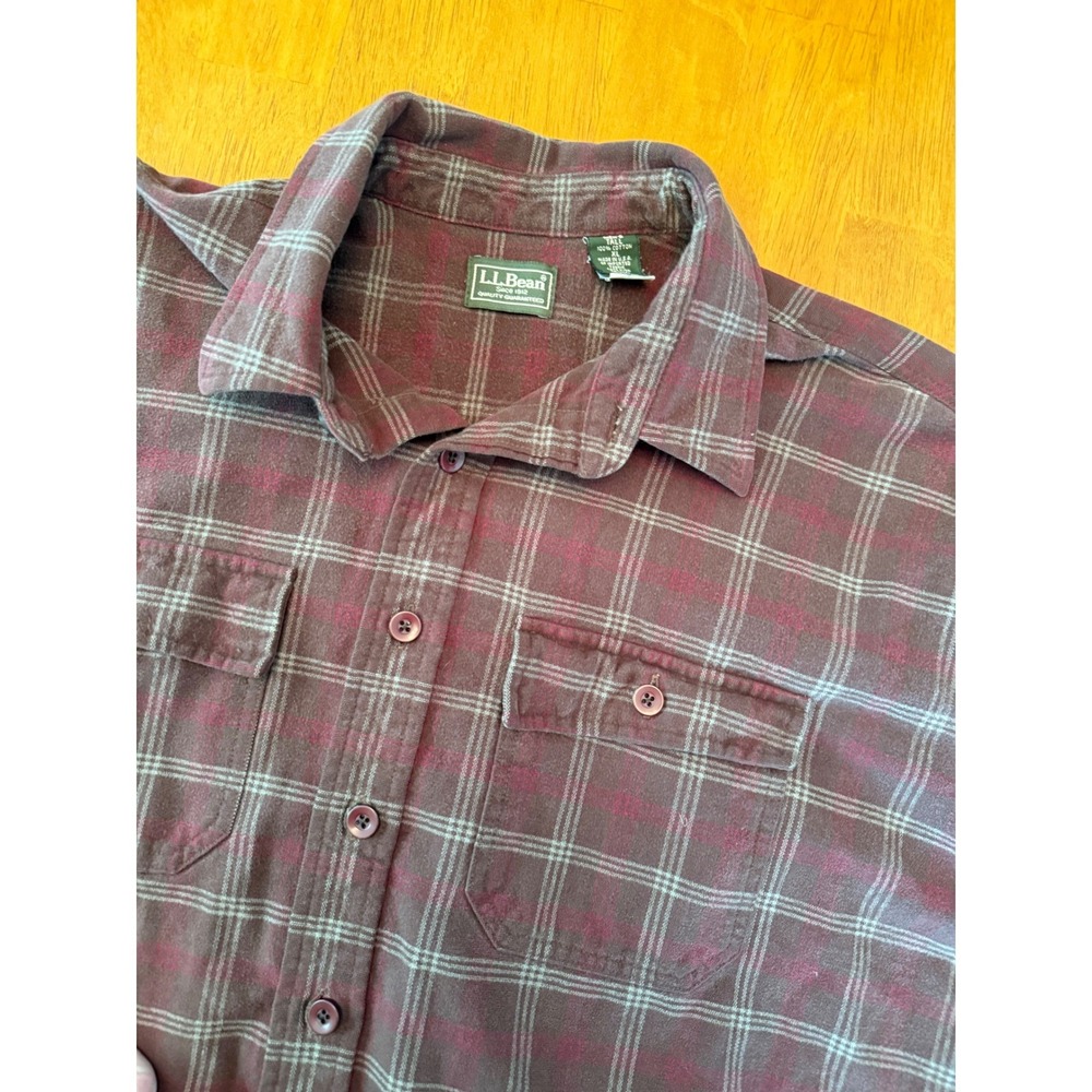Vintage LL Bean Flannel Shirt Mens XL Tall Plaid Burgundy Brown USA Made Cotton